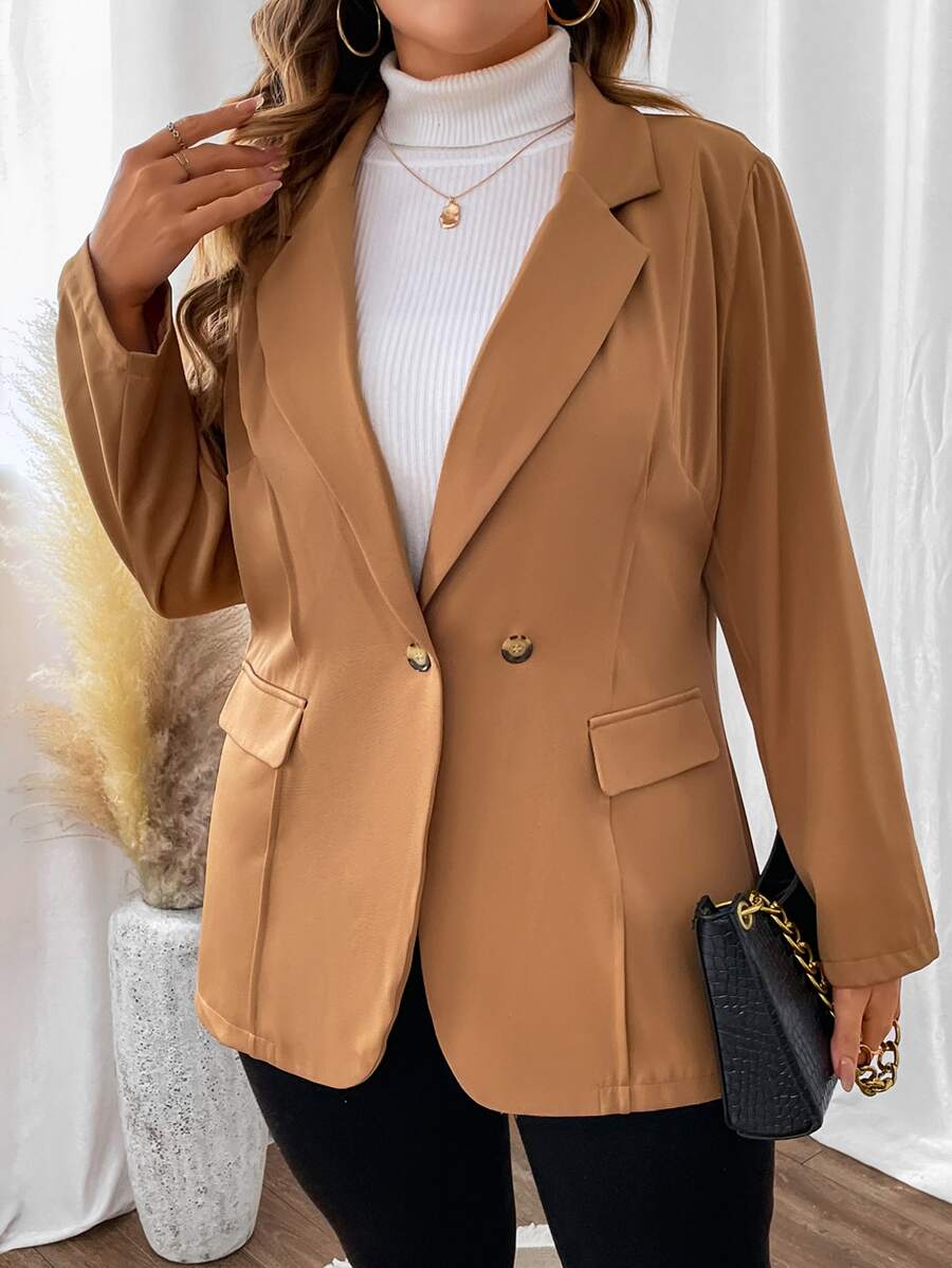SHEIN LUNE Plus Lapel Neck Flap Detail Blazer - Camel - View 1