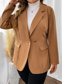 SHEIN LUNE Plus Lapel Neck Flap Detail Blazer - Camel - View 3