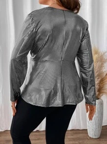 Celure Plus Allover Print Surplice Neck Peplum Blouse - Grey - View 2