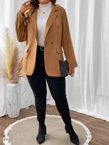 SHEIN LUNE Plus Lapel Neck Flap Detail Blazer - Camel - View 4