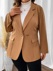 SHEIN LUNE Plus Lapel Neck Flap Detail Blazer - Camel - View 5