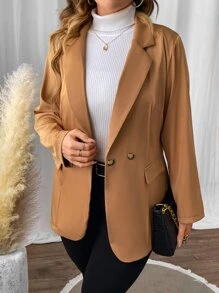 SHEIN LUNE Plus Lapel Neck Flap Detail Blazer - Camel - View 6