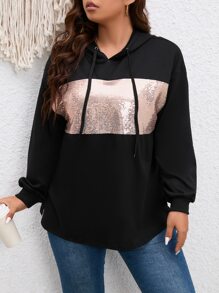 SHEIN LUNE 大码撞色亮片落肩抽绳卫衣套头衫秋冬卫衣 - 黑色 - 查看 1