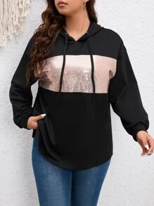 SHEIN LUNE 大码撞色亮片落肩抽绳卫衣套头衫秋冬卫衣 - 黑色 - 查看 3