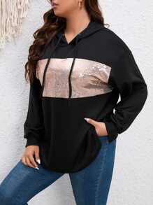 SHEIN LUNE 大码撞色亮片落肩抽绳卫衣套头衫秋冬卫衣 - 黑色 - 查看 4