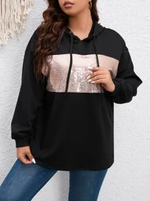 SHEIN LUNE 大码撞色亮片落肩抽绳卫衣套头衫秋冬卫衣 - 黑色 - 查看 6