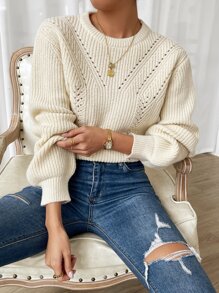 素色條紋針織套頭毛衣 - 杏色 - 查看 1