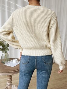 素色條紋針織套頭毛衣 - 杏色 - 查看 2