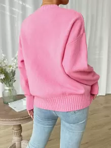 GENKIRA Áo len cổ trễ vai, áo len dáng rộng, áo len dệt kim mùa thu đông. - Hồng - Xem 2