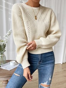 素色條紋針織套頭毛衣 - 杏色 - 查看 3