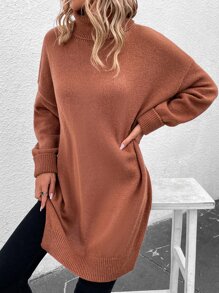 SHEIN LUNE Jersey largo cuello alto de hombros caídos bajo con abertura - Marrón - Ver 1