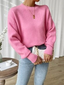 GENKIRA Áo len cổ trễ vai, áo len dáng rộng, áo len dệt kim mùa thu đông. - Hồng - Xem 4