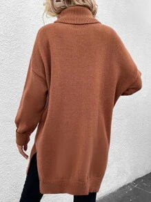 SHEIN LUNE Jersey largo cuello alto de hombros caídos bajo con abertura - Marrón - Ver 2