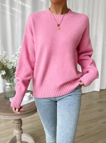 GENKIRA Áo len cổ trễ vai, áo len dáng rộng, áo len dệt kim mùa thu đông. - Hồng - Xem 5