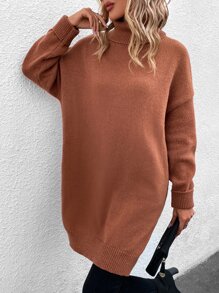 SHEIN LUNE Jersey largo cuello alto de hombros caídos bajo con abertura - Marrón - Ver 3