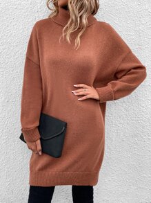 SHEIN LUNE Jersey largo cuello alto de hombros caídos bajo con abertura - Marrón - Ver 4