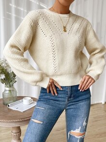 素色條紋針織套頭毛衣 - 杏色 - 查看 5