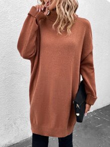 SHEIN LUNE Jersey largo cuello alto de hombros caídos bajo con abertura - Marrón - Ver 5