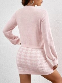 SHEIN Qutie Houndstooth Pattern Tube Knit Top & Cardigan & Knit Skirt - Baby Pink - View 3