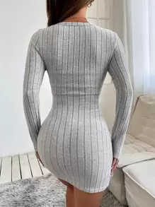 SHEIN PETITE Solid Ribbed Knit Bodycon Dress - Grey - View 2