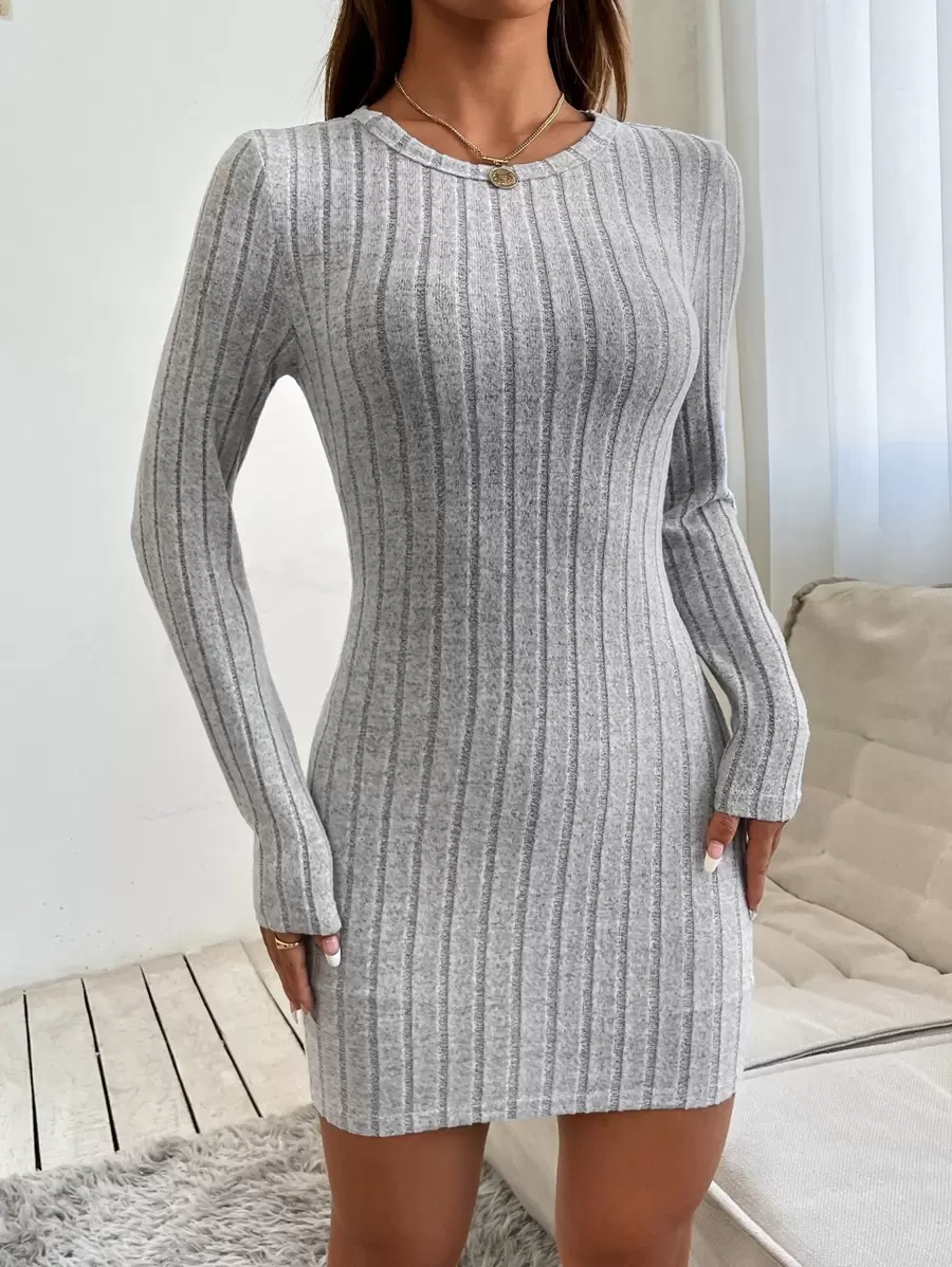 SHEIN PETITE Solid Ribbed Knit Bodycon Dress - Grey - View 1
