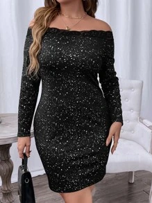SHEIN Unity Plus Dalmatian Print Lace Trim Off Shoulder Bodycon Dress - Black - View 1