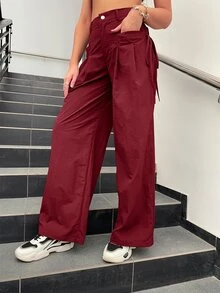 Drawstring Side Parachute Wide Leg Trousers - Burgundy - View 6