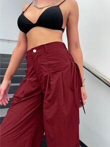 Drawstring Side Parachute Wide Leg Trousers - Burgundy - View 3