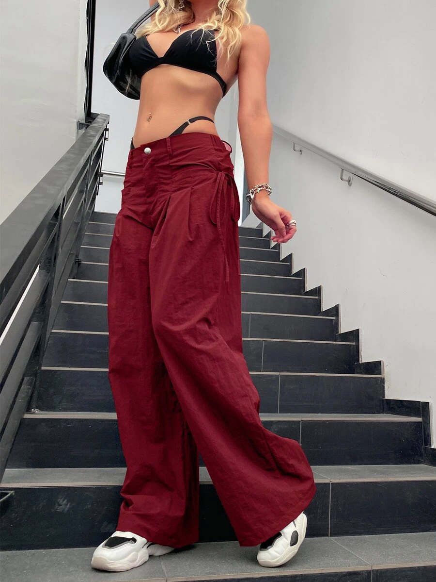 Drawstring Side Parachute Wide Leg Trousers - Burgundy - View 1