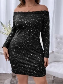 SHEIN Unity Plus Dalmatian Print Lace Trim Off Shoulder Bodycon Dress - Black - View 4