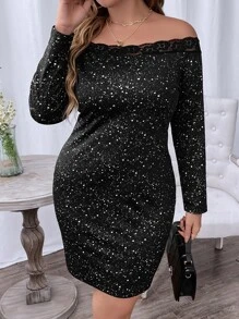 SHEIN Unity Plus Dalmatian Print Lace Trim Off Shoulder Bodycon Dress - Black - View 5