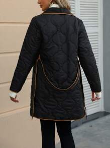 SHEIN LUNE Waterfall Collar Contrast Binding Belted Quilted Padded Coat Clothes Winter - Black - View 2