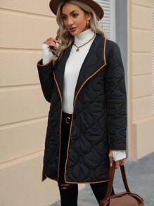 SHEIN LUNE Waterfall Collar Contrast Binding Belted Quilted Padded Coat Clothes Winter - Black - View 3