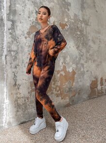 SHEIN EZwear Tie Dye Drop Shoulder Pullover & Leggings - Multicolor - View 3