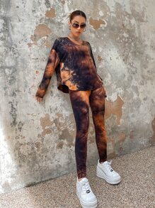 SHEIN EZwear Tie Dye Drop Shoulder Pullover & Leggings - Multicolor - View 5