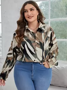 SHEIN Clasi 大碼滿版印花落肩袖襯衫 - 彩色 - 查看 1