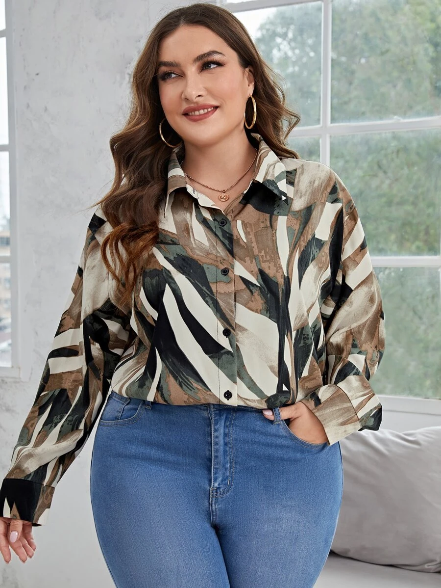 SHEIN Clasi 大碼滿版印花落肩袖襯衫 - 彩色 - 查看 1