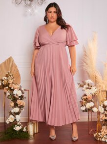 SHEIN Belle 大碼蝴蝶袖百褶下擺伴娘連衣裙 - 藕粉色 - 查看 5