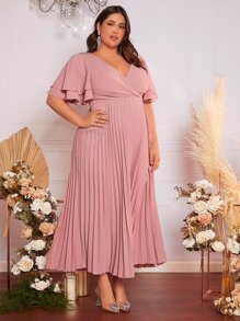 SHEIN Belle 大碼蝴蝶袖百褶下擺伴娘連衣裙 - 藕粉色 - 查看 4