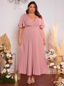 SHEIN Belle 大碼蝴蝶袖百褶下擺伴娘連衣裙 - 藕粉色 - 查看 3