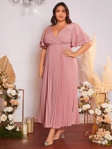 SHEIN Belle 大碼蝴蝶袖百褶下擺伴娘連衣裙 - 藕粉色 - 查看 7