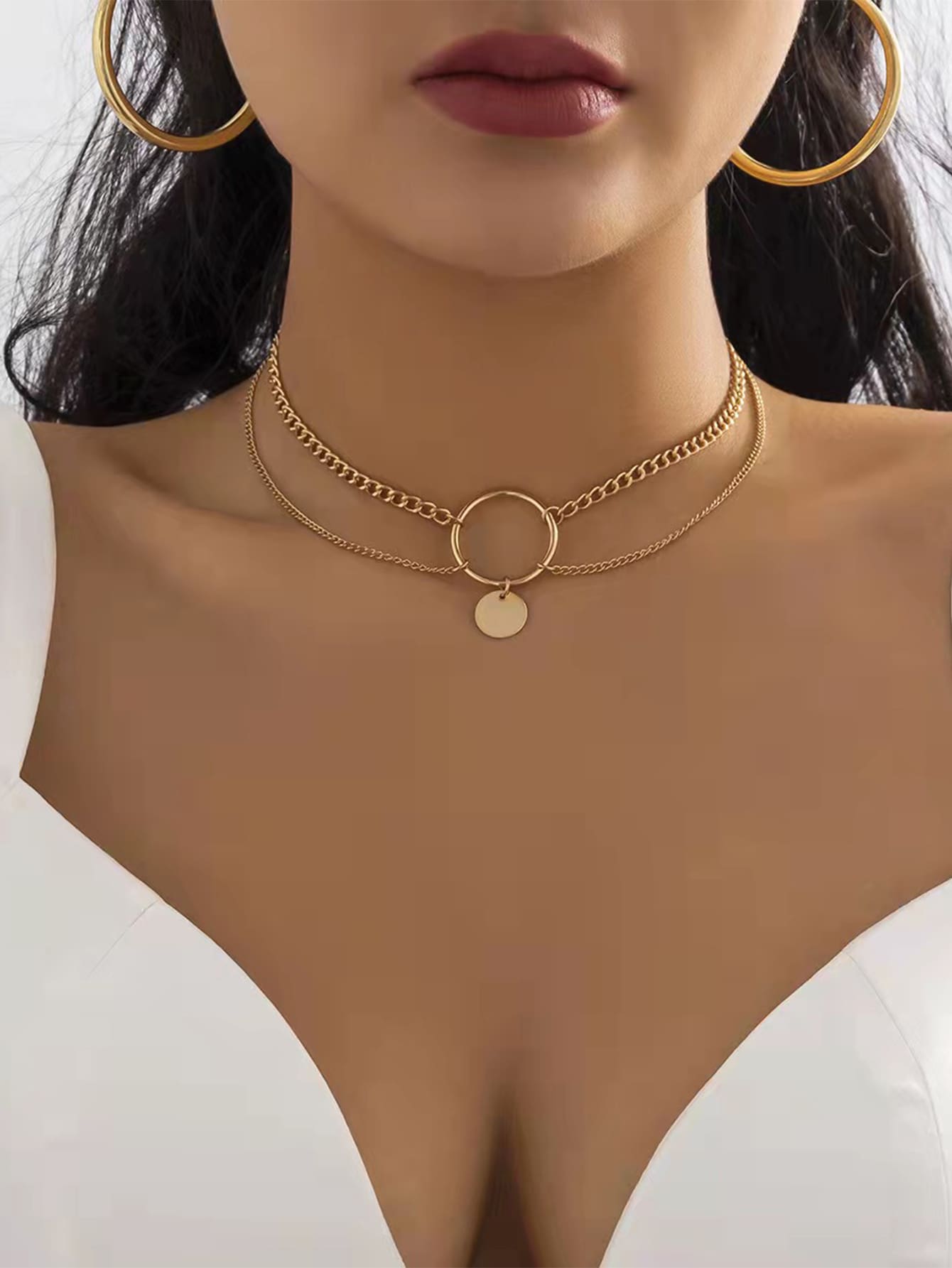 Round Pendant Layered Choker - Yellow Gold - View 1