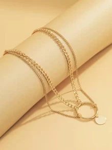 Round Pendant Layered Choker - Yellow Gold - View 2