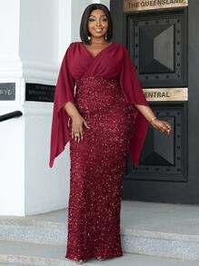 seomiscky Đầm Plus Size Dây kéo Chia Trọn gói màu trơn Buổi tiệc - Màu Đỏ Sâu - Xem 1