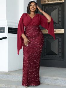 seomiscky Đầm Plus Size Dây kéo Chia Trọn gói màu trơn Buổi tiệc - Màu Đỏ Sâu - Xem 4