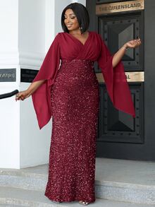 seomiscky Đầm Plus Size Dây kéo Chia Trọn gói màu trơn Buổi tiệc - Màu Đỏ Sâu - Xem 7