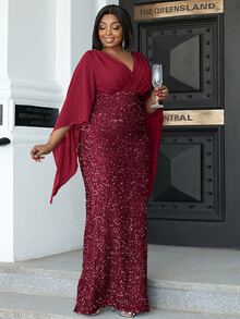 seomiscky Đầm Plus Size Dây kéo Chia Trọn gói màu trơn Buổi tiệc - Màu Đỏ Sâu - Xem 5