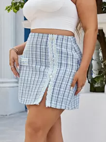 Simplee Váy Plus Size Pha lê kim cương Dây kéo Nút phía trước Chia Sọc ca rô Thanh lịch - Màu xanh lam - Xem 1