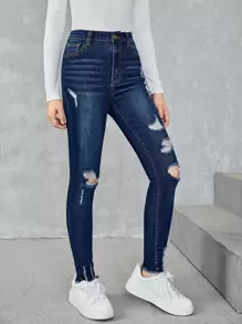 SHEIN Teen Girls Ripped Raw Hem Jeans - Dark Wash - View 1