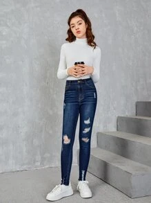 SHEIN Teen Girls Ripped Raw Hem Jeans - Dark Wash - View 3